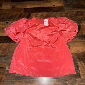 TCEC Coral Puff-Sleeve Satin Blouse